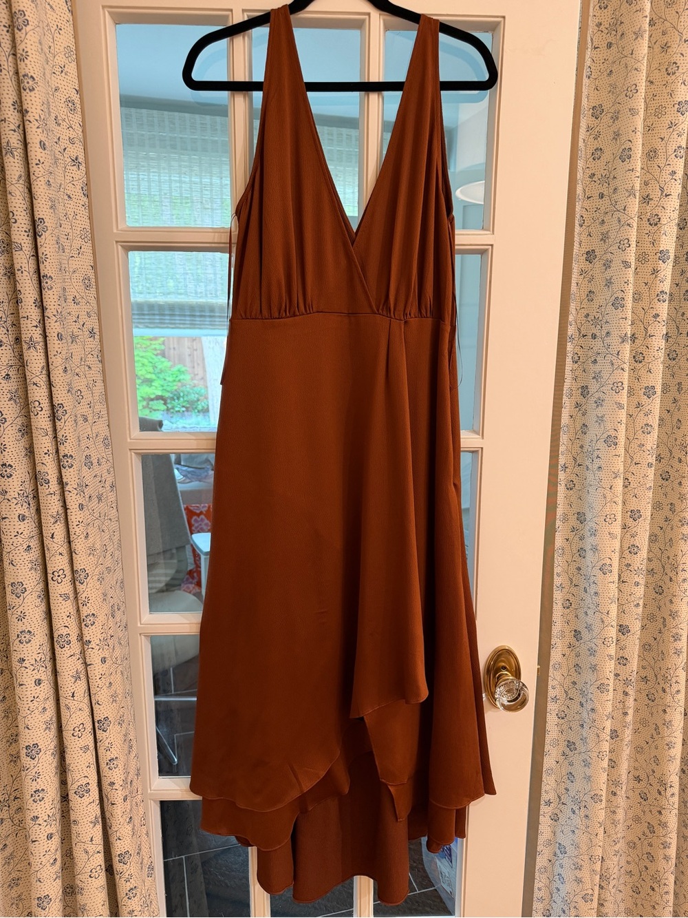 Silk Women's deep V-Neck Layered Hem Dress - Brown
